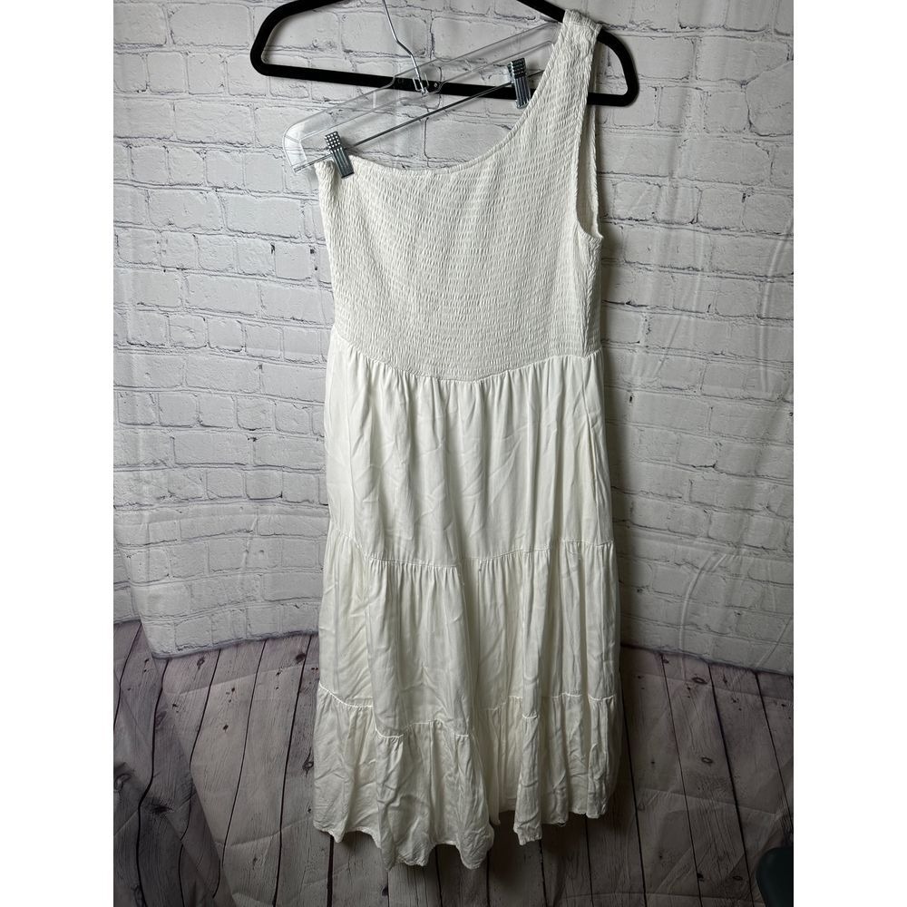 Logene Womens XL White One Shoulder Smocked Tiered Rayon Maxi Boho Dress